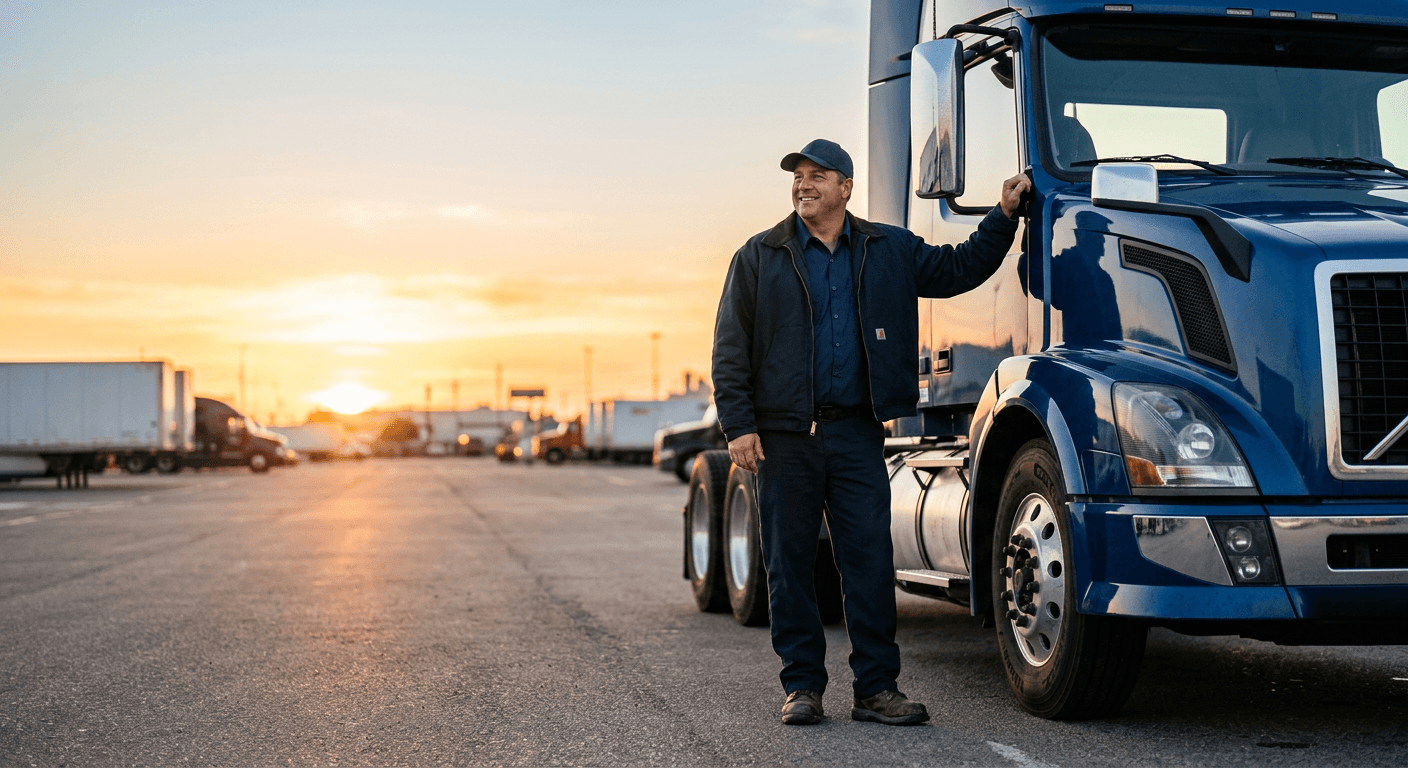 Professional truck driver at sunrise