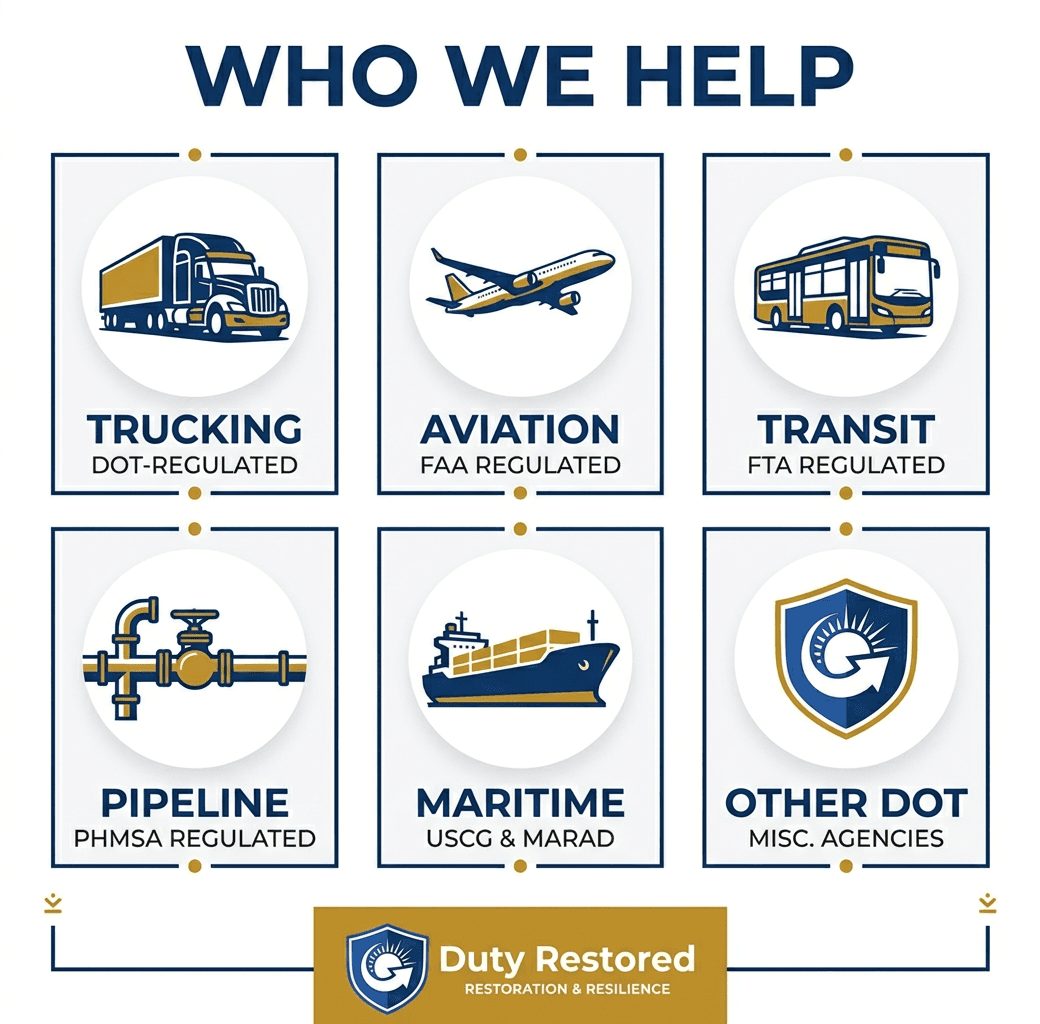 Who We Help — DOT-regulated professionals across trucking, aviation, transit, pipeline, and maritime industries