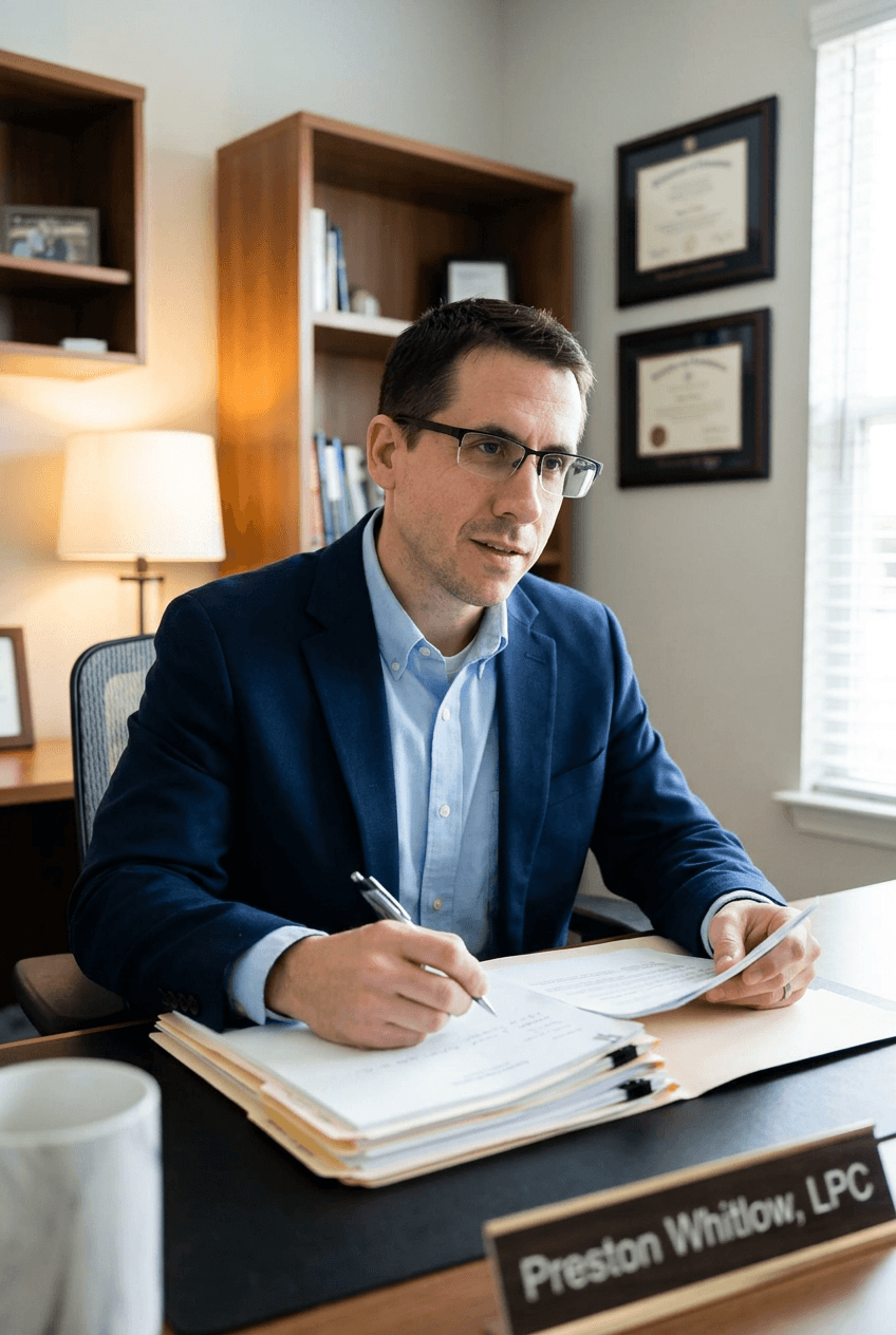 Preston reviewing documents with a client during an SAP evaluation